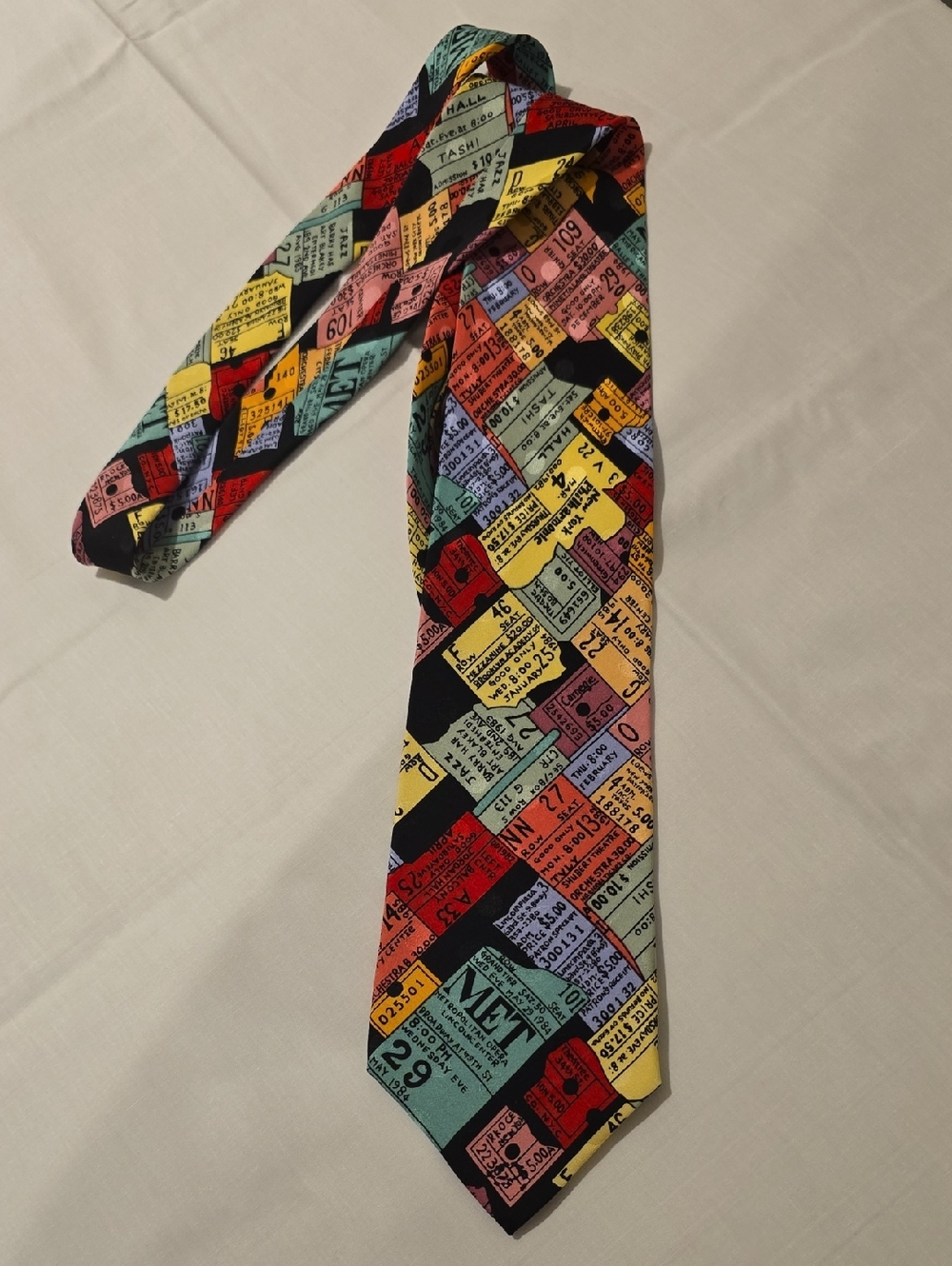 Nicole Miller Multicolor Ticket-Print Vintage Unique Silk Necktie